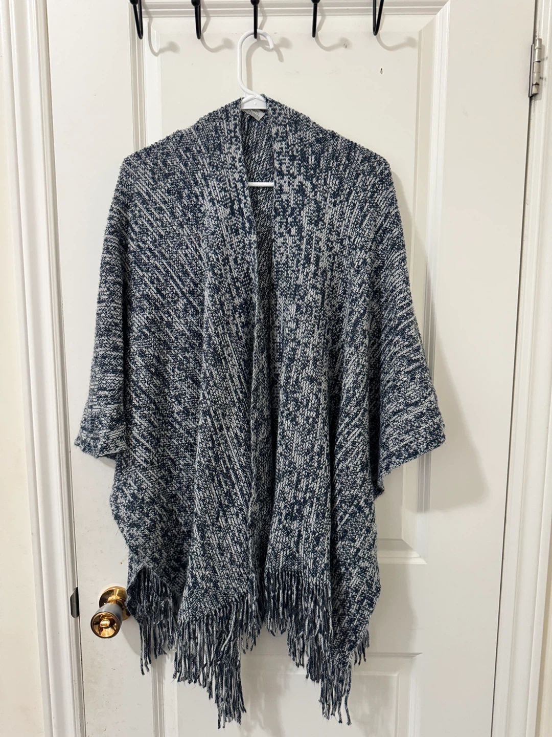 Women's Blue and White Speckled Knit Poncho with Fringe