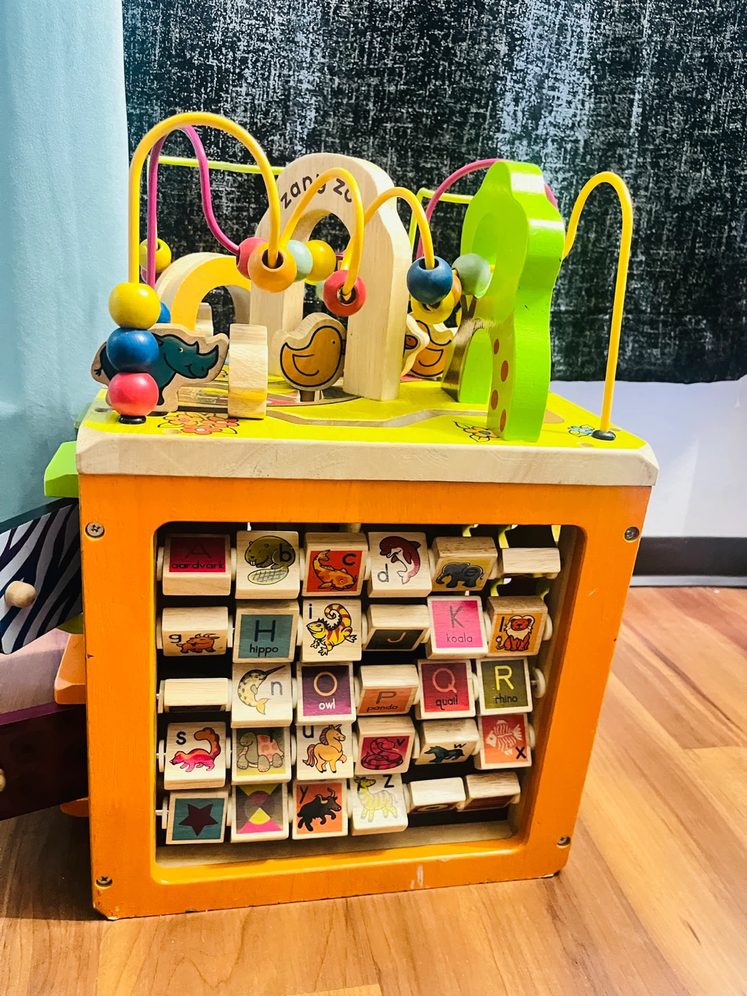Wooden Activity Cube Toy - Alphabet, Animals, Beads