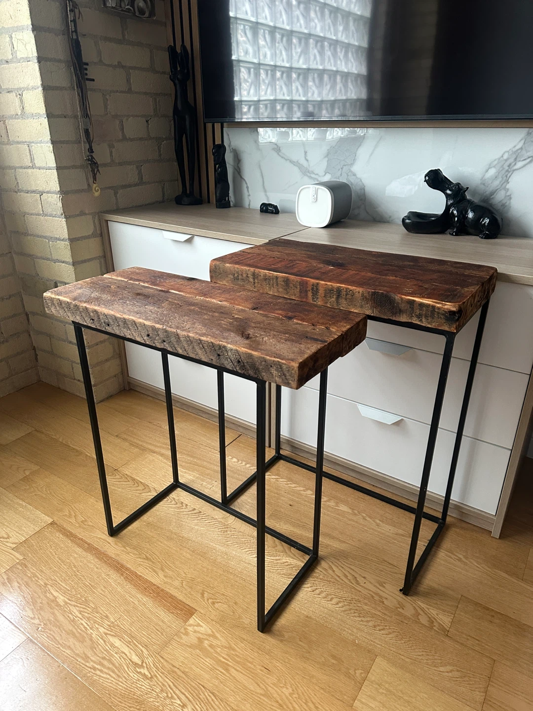 VINTAGE RECLAIMED WOOD SIDE END CONSOLE NIGHT PLANT STAND TABLES - photo 4