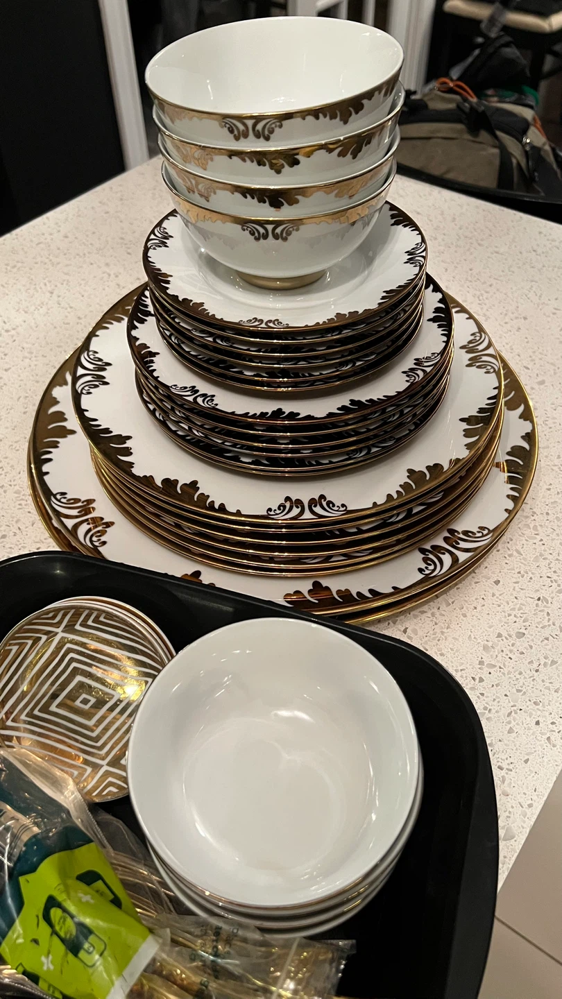White Dinnerware Set with Gold Trim