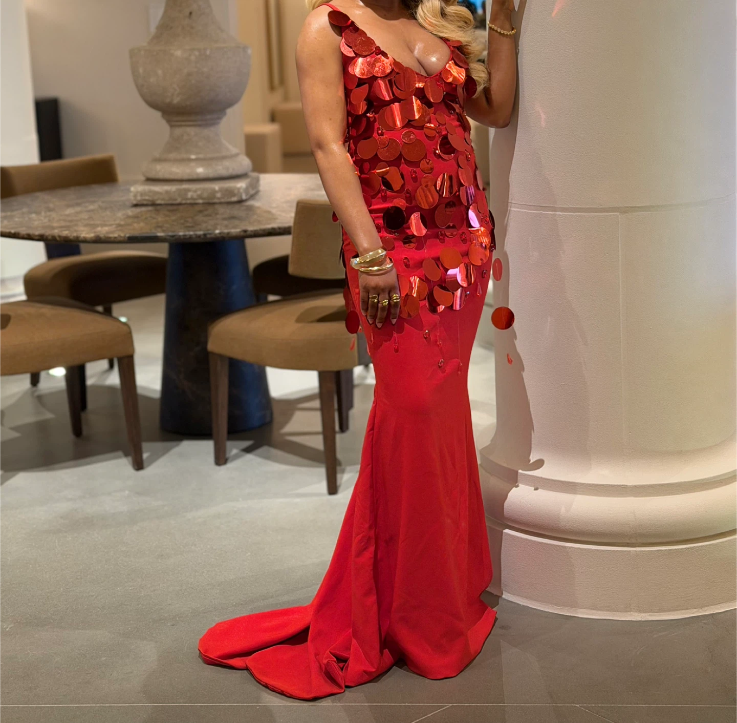Red Sequin Embellished Evening Gown