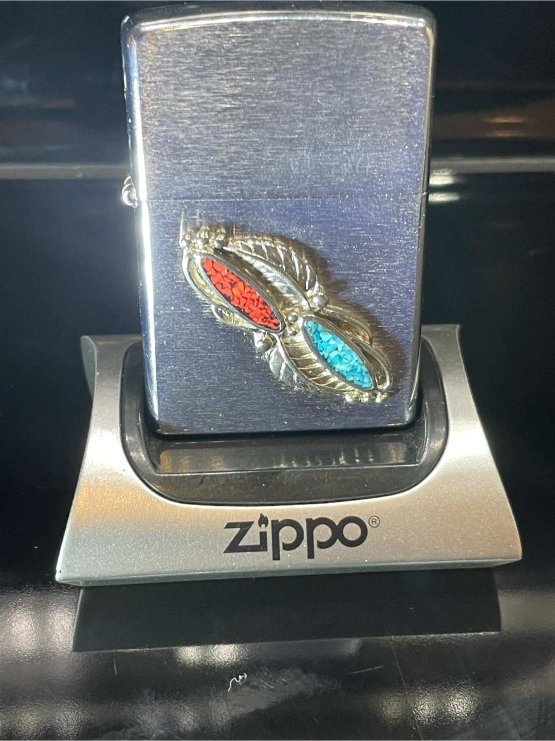 Zippo Lighter with Turquoise and Red Stone Inlay