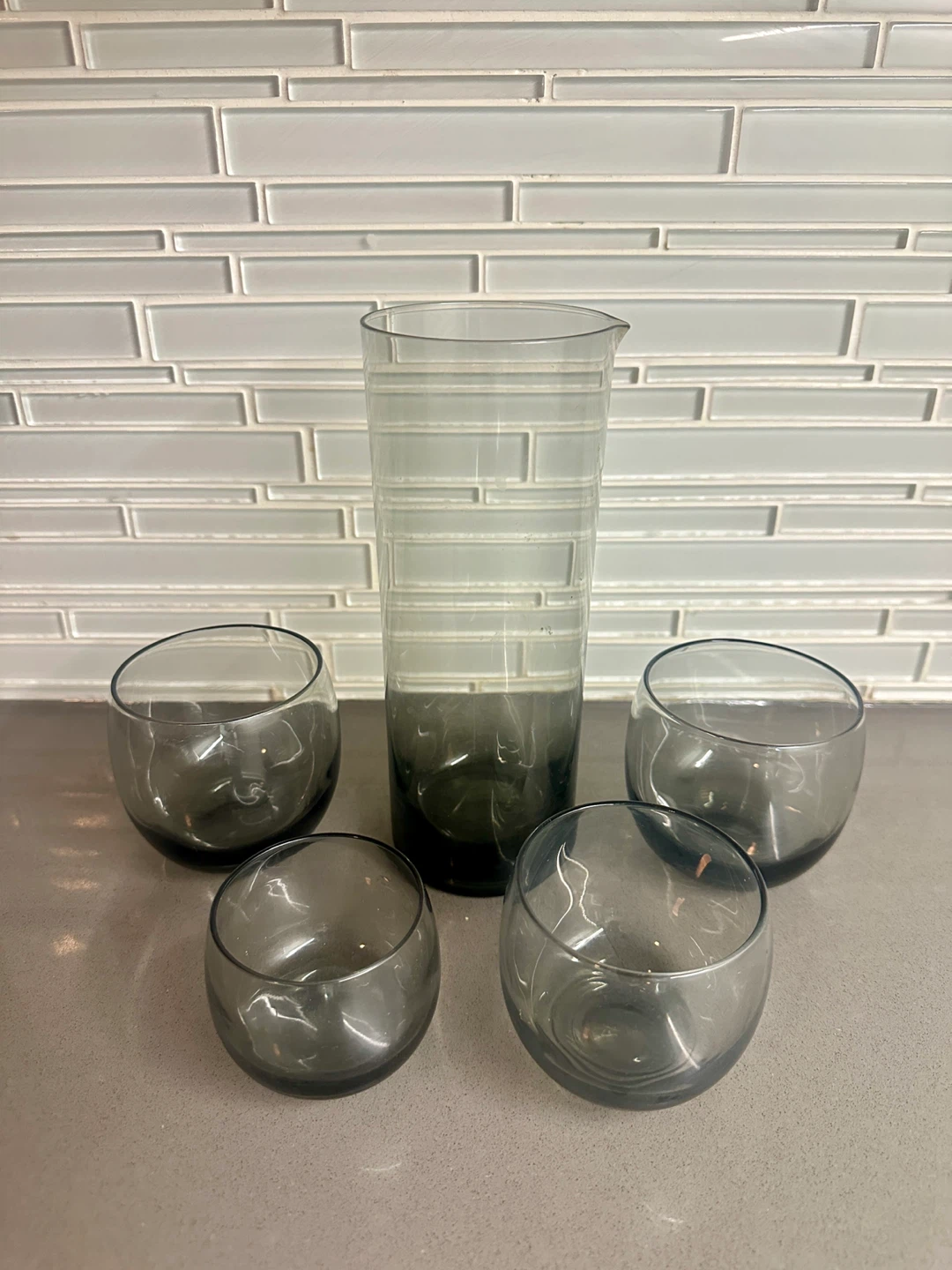 VINTAGE MID CENTURY MODERN ITALIAN SMOKED GLASS PITCHER CUP set