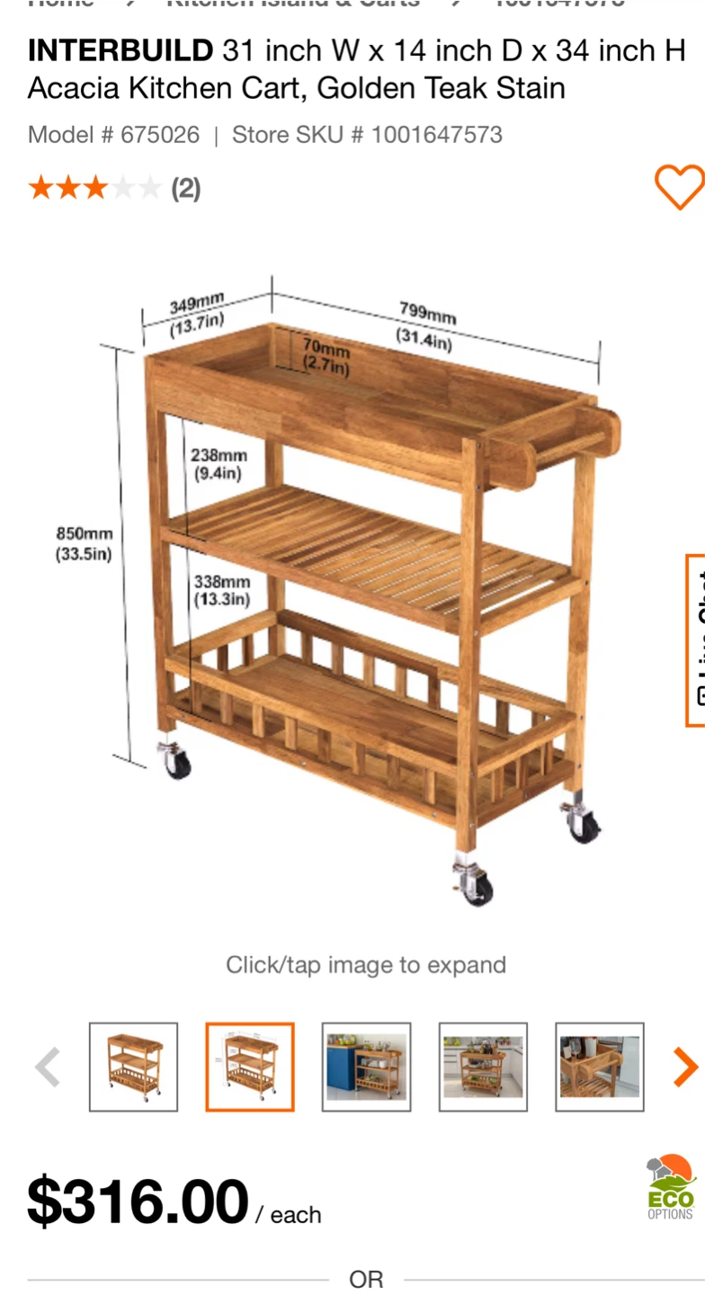 INTERBUILD 31 inch Acacia Kitchen Cart, Golden Teak Stain