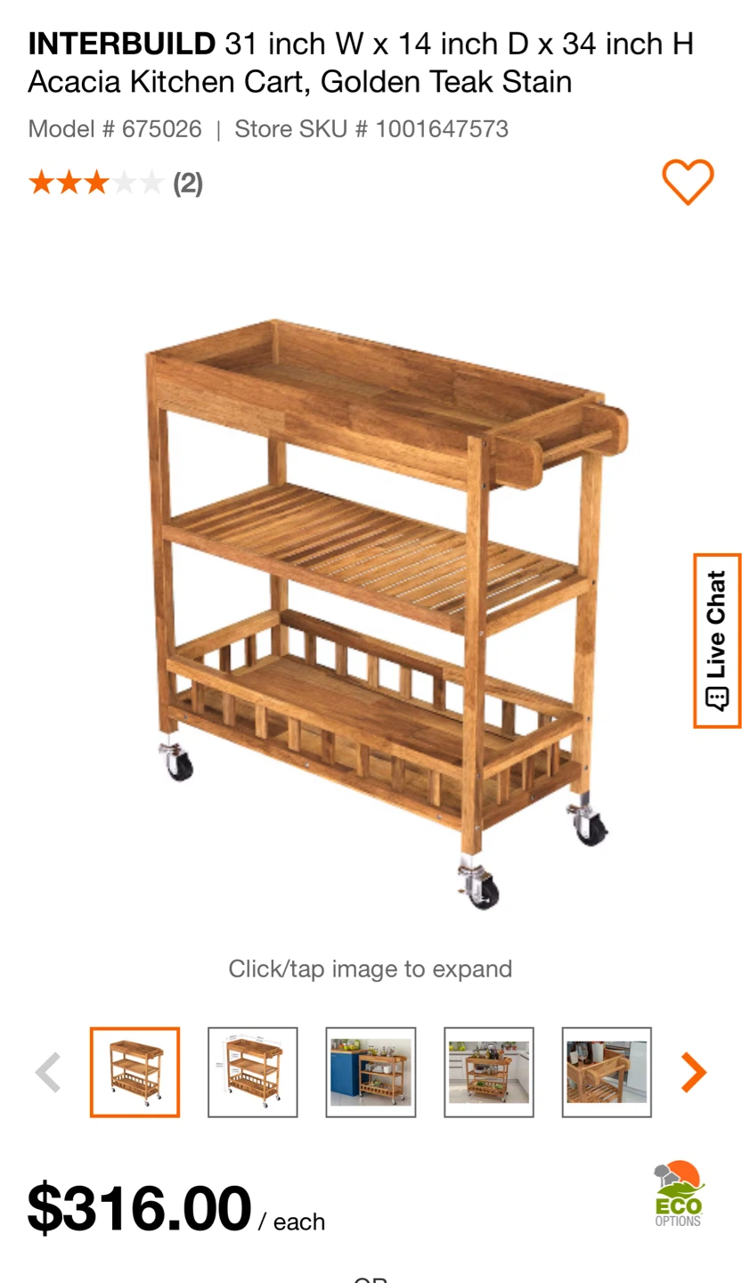 INTERBUILD 31 inch Acacia Kitchen Cart, Golden Teak Stain - photo 2