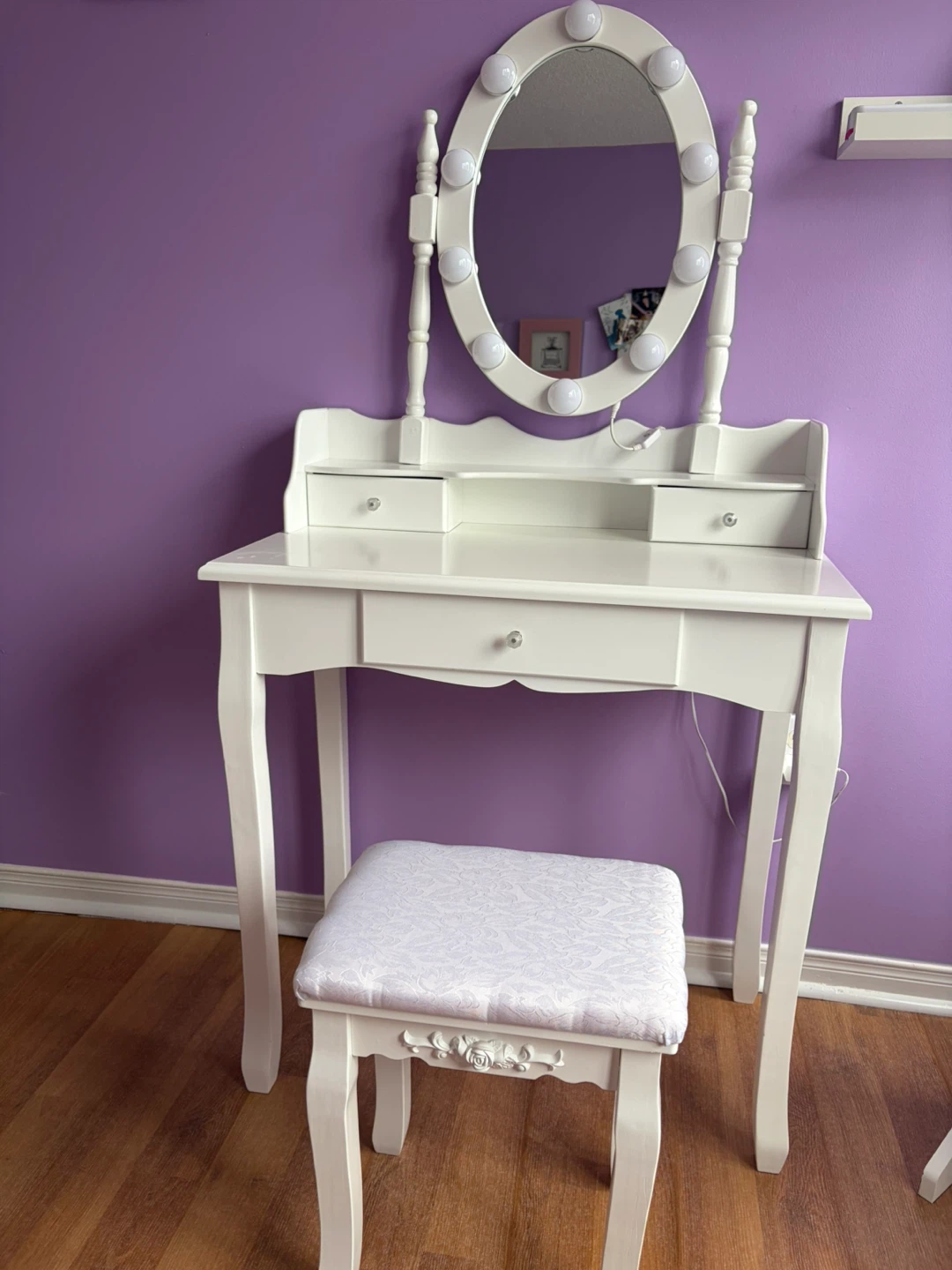 White Vanity Set with Lighted Mirror and Stool