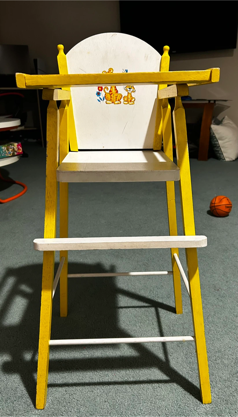 Yellow Wooden Doll High Chair with Tiger Illustration