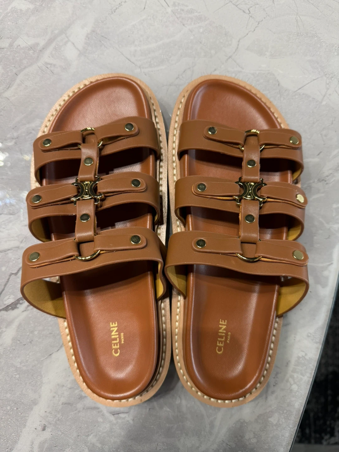 CELINE Brown Leather Triple Strap Sandals - Size 38 - photo 3