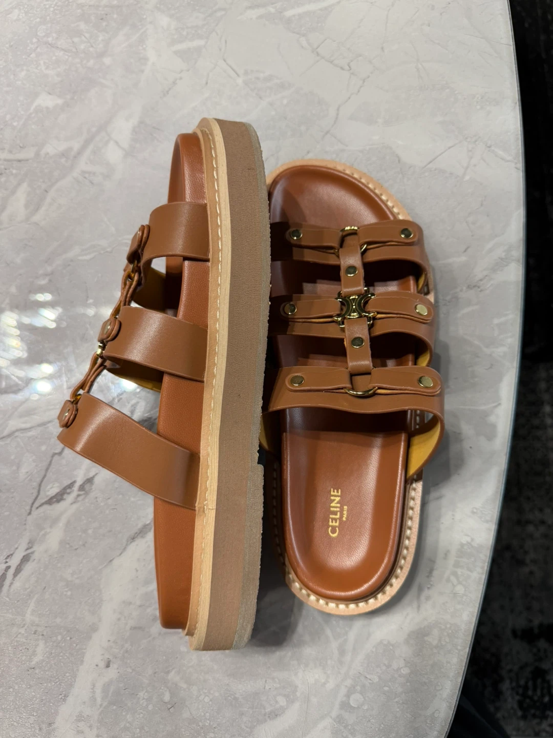CELINE Brown Leather Triple Strap Sandals - Size 38 - photo 4
