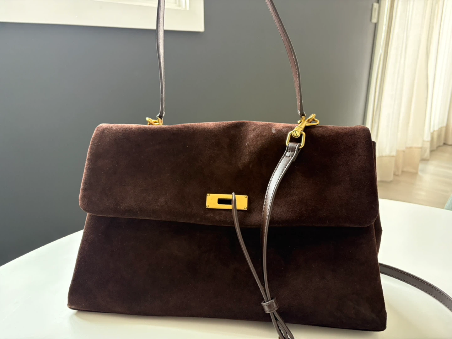 Charles & Keith Brown Suede Top Handle Satchel Bag