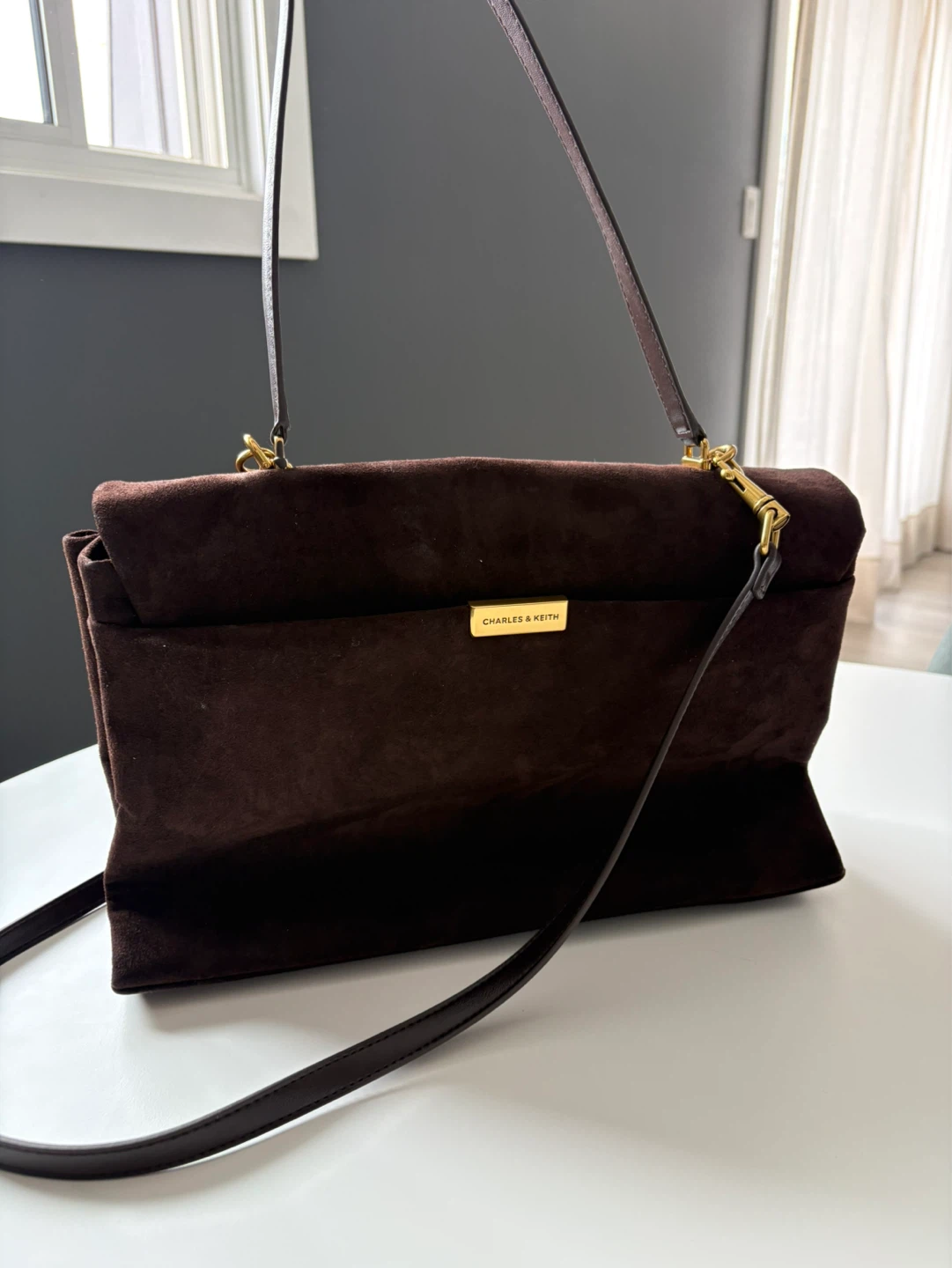 Charles & Keith Brown Suede Top Handle Satchel Bag - photo 2