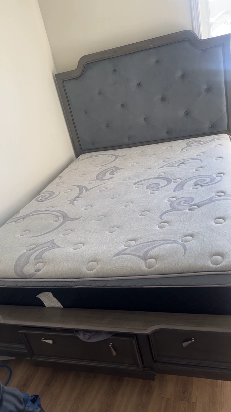 Grey Upholstered Headboard Bed Frame with Storage Drawers