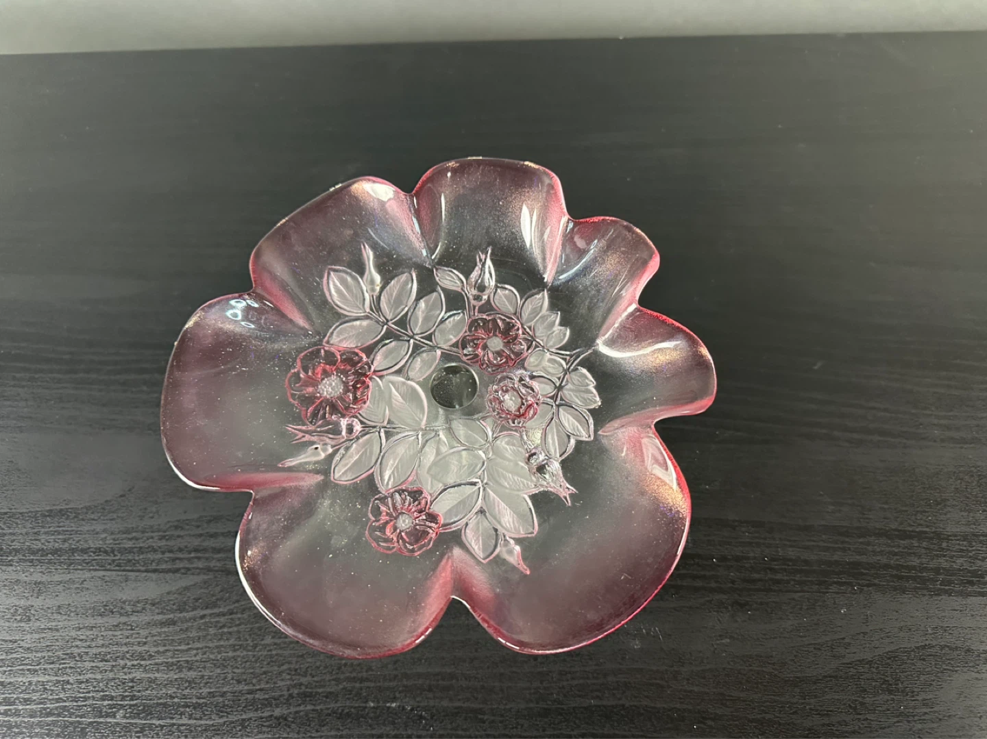 Pink Glass Pedestal Dish with Floral Design