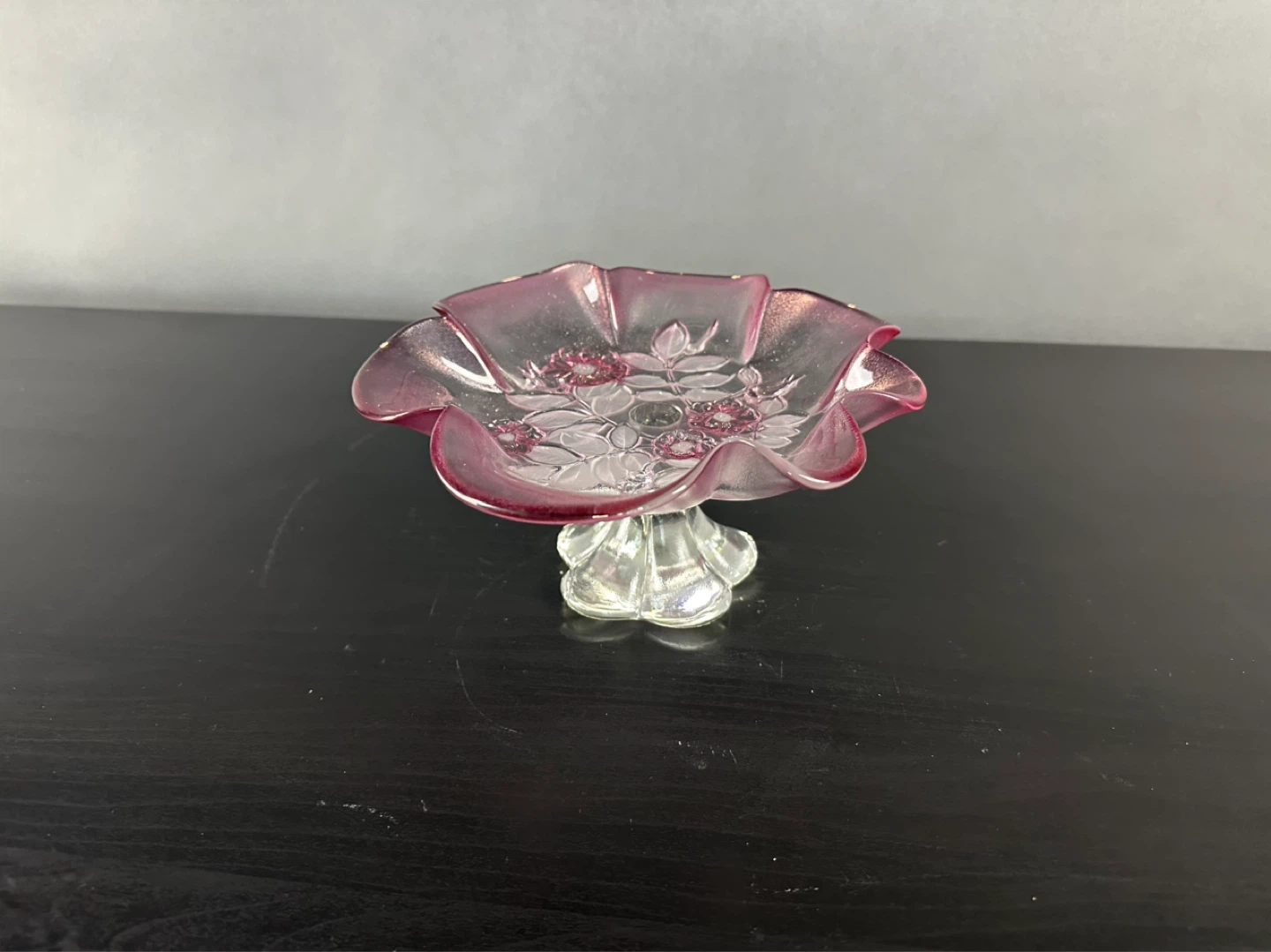 Pink Glass Pedestal Dish with Floral Design - photo 2