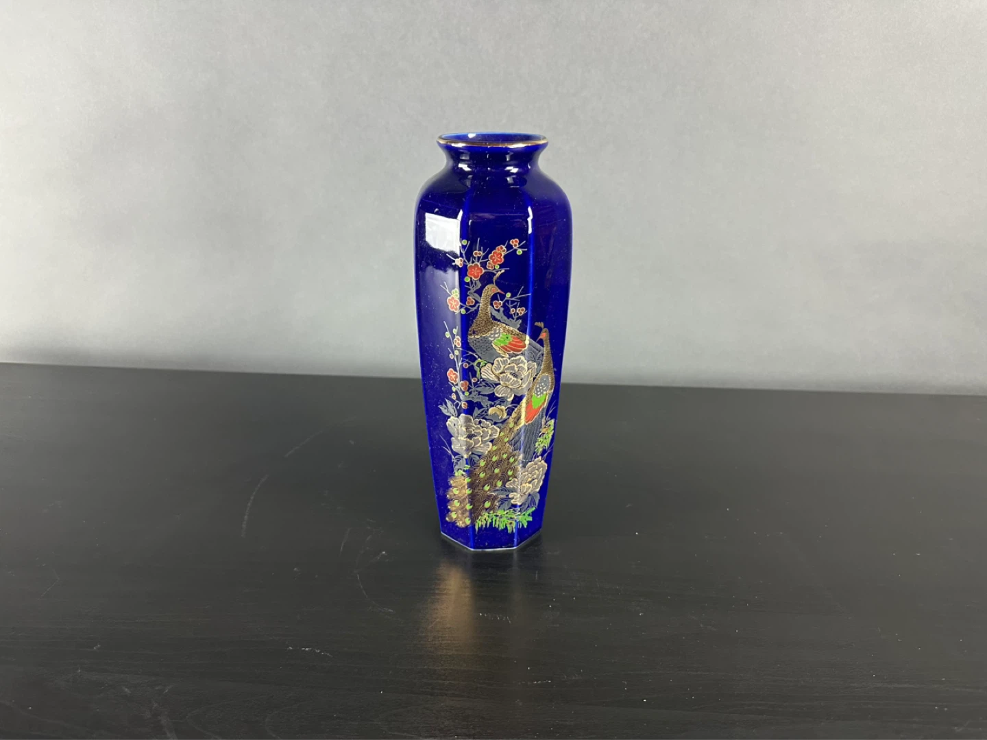 Decorative Cobalt Blue Vase with Peacock Design