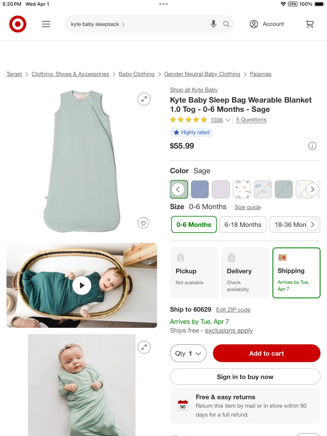Kyte Baby Sleep Bag Wearable Blanket 1.0 Tog - 0-6 Months - Sage