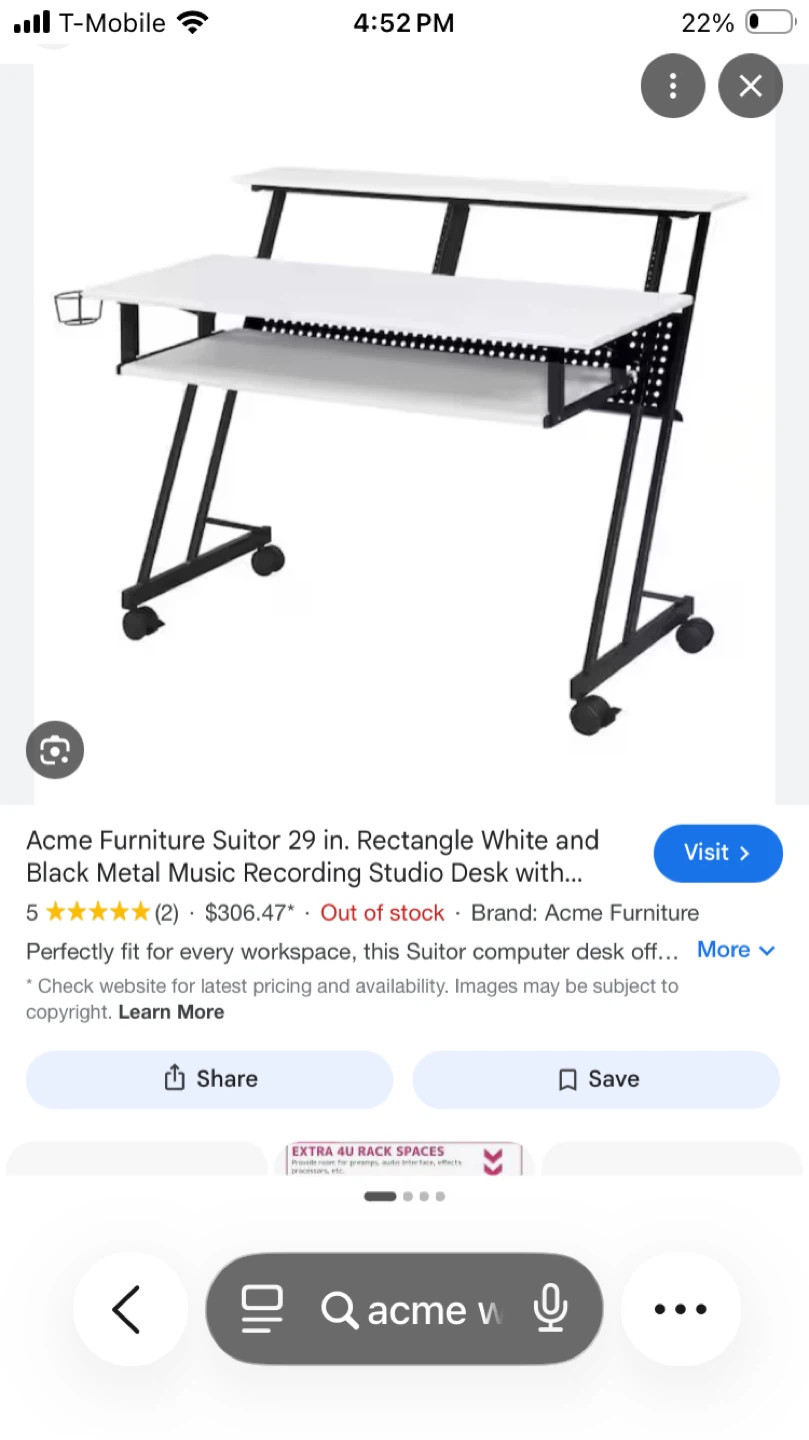 White Acme Suitor Desk, Black Metal Music Recording Studio Desk
