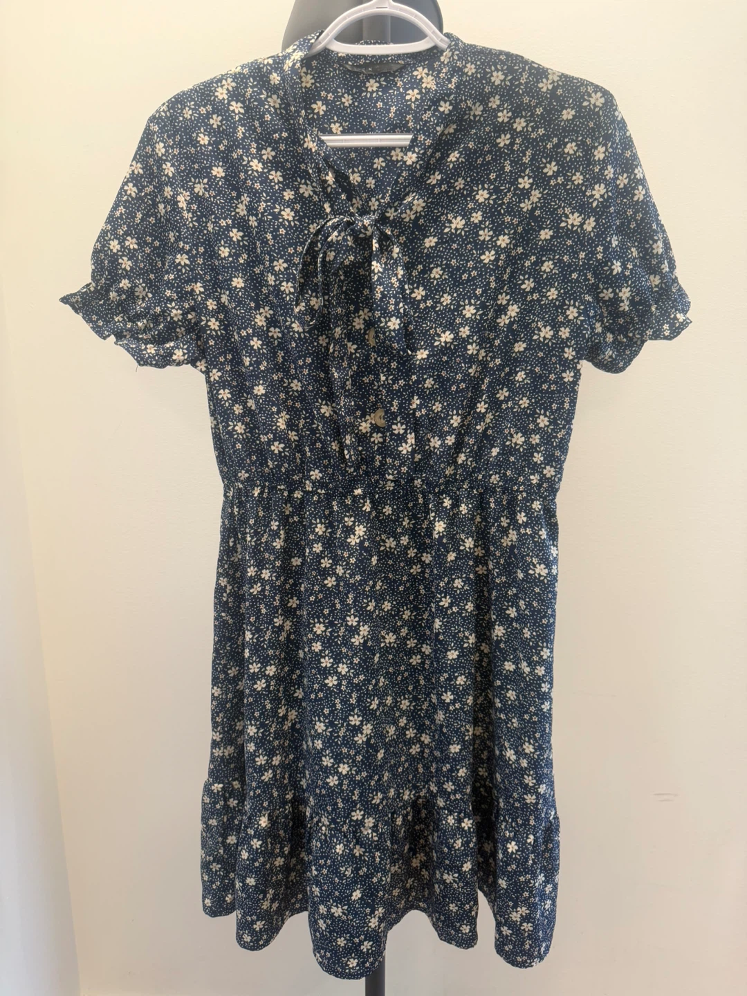 Blue Floral Dress with Tie Neck