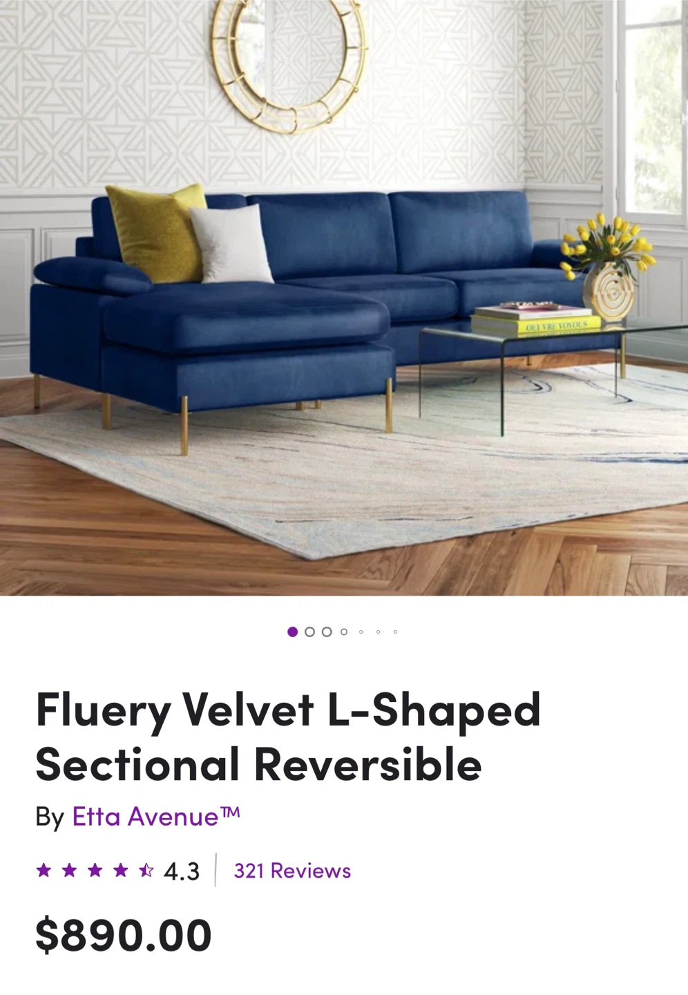 Sapphire Blue Velvet L-Shaped Sectional - photo 4