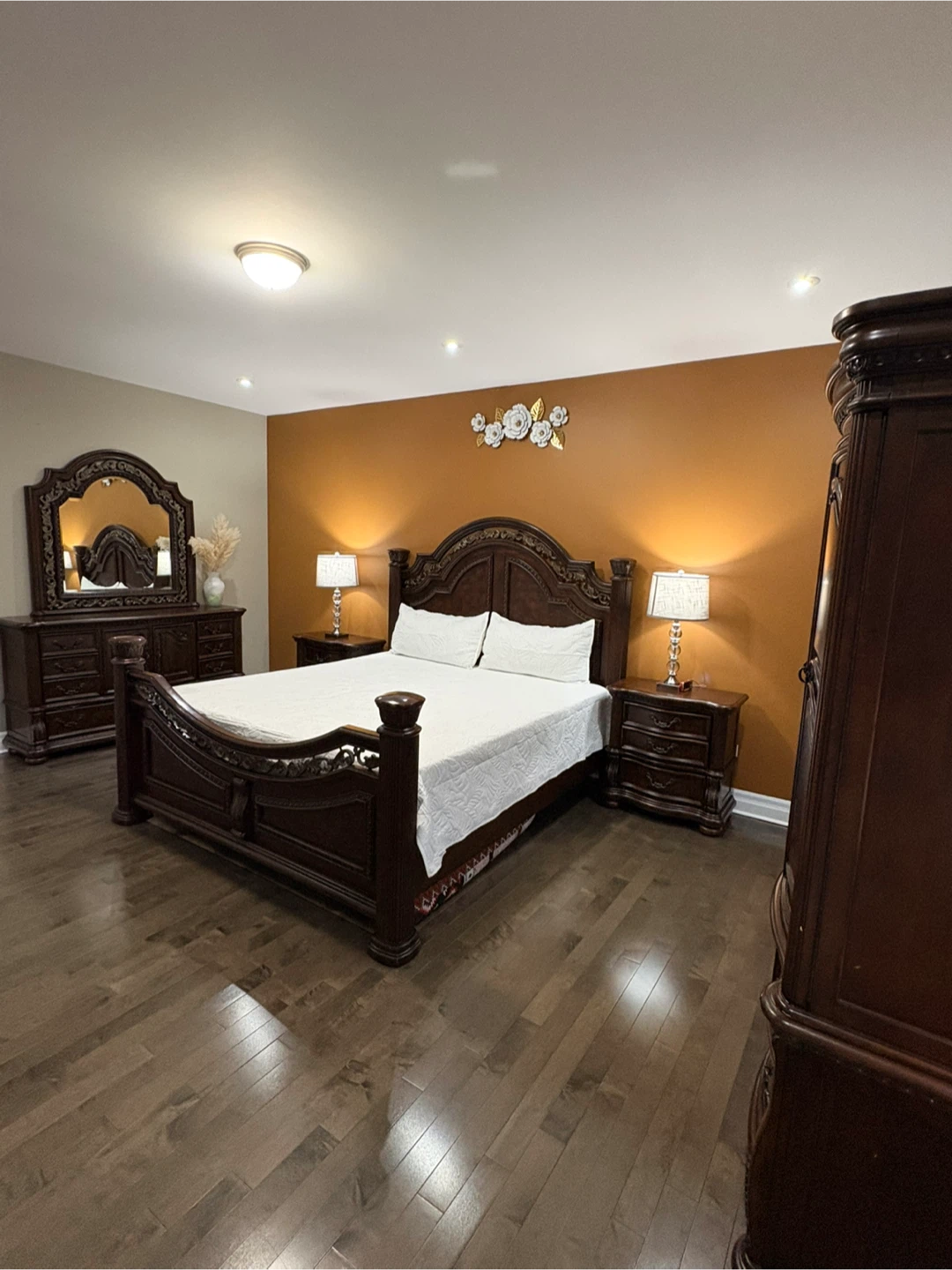 Dark Wood Bedroom Set - Queen Bed, Dresser, Armoire