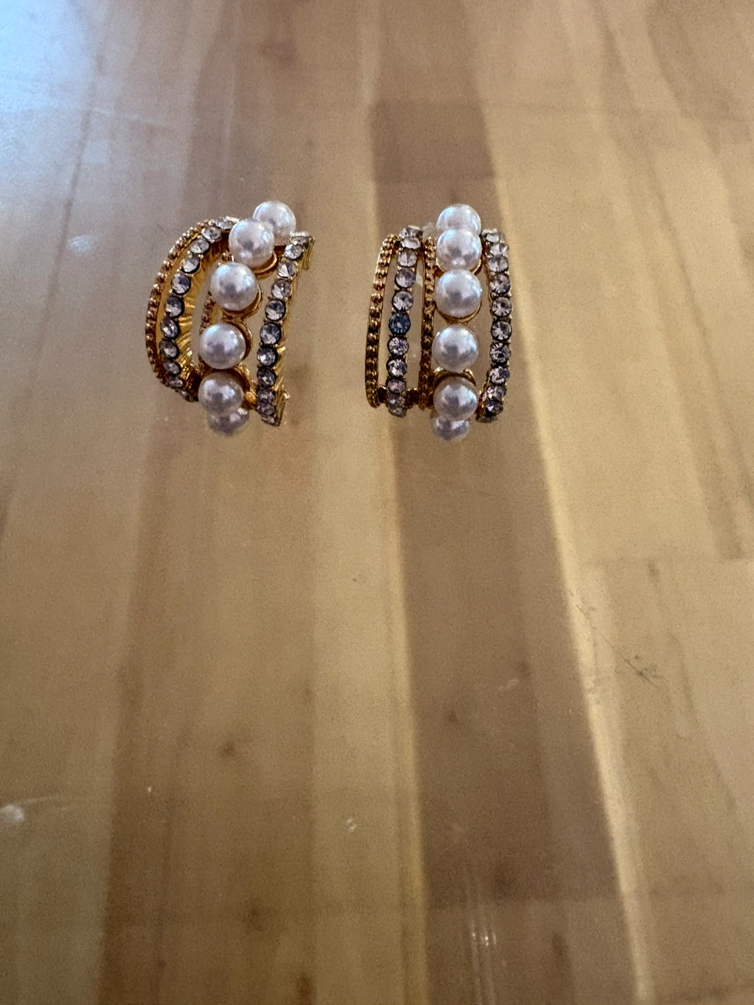 Gold Tone Hoop Earrings with Pearls and Rhinestones