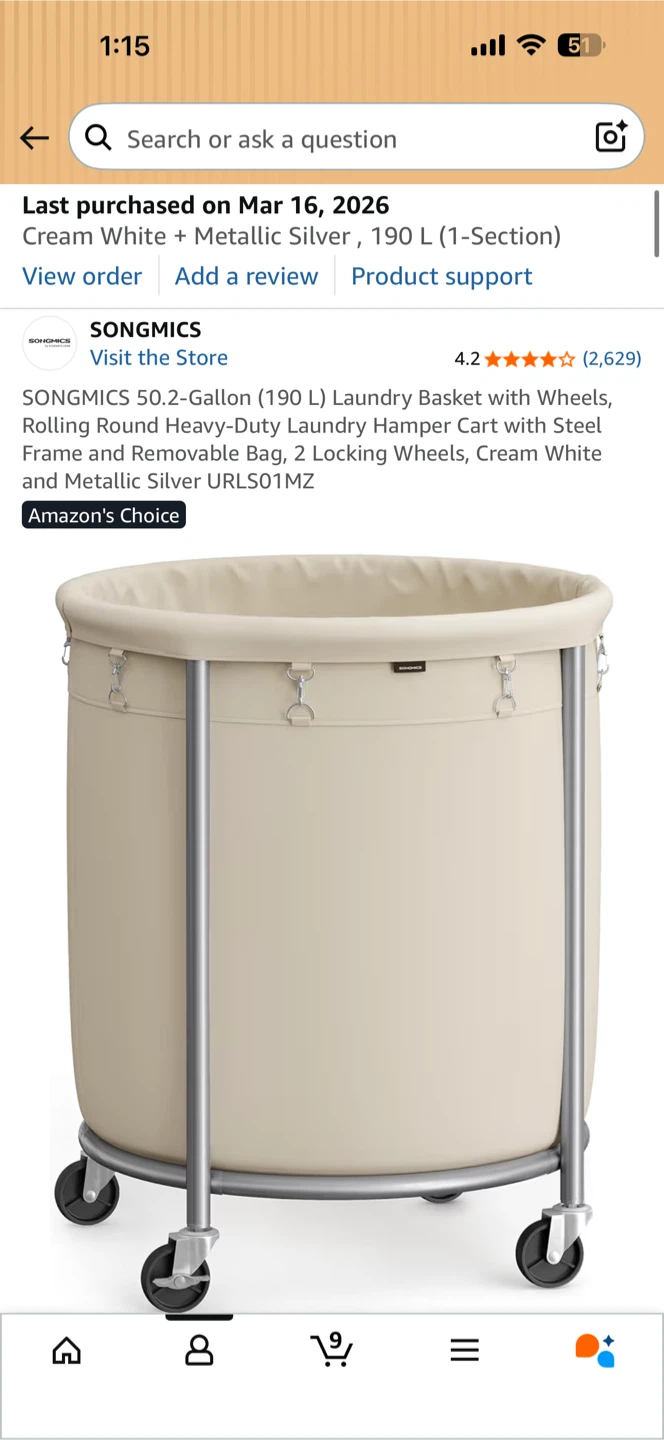 SONGMICS 190L Laundry Basket Wheeled