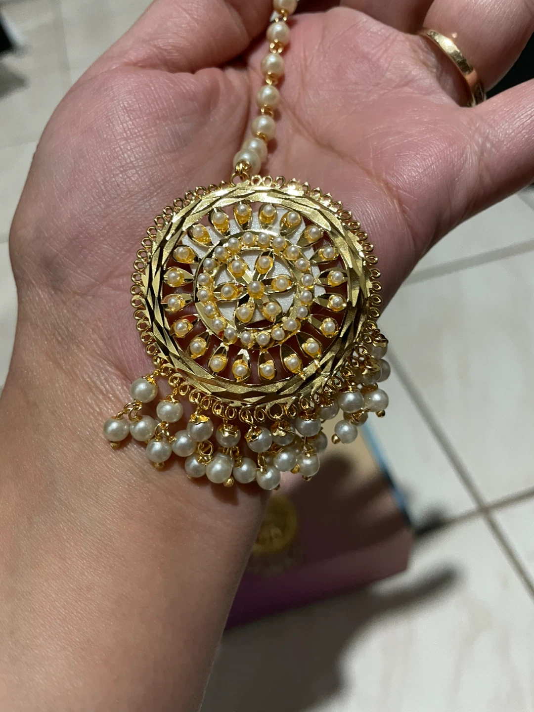 Gold Tone Pearl Dangle Earrings and Tikka Set - photo 2