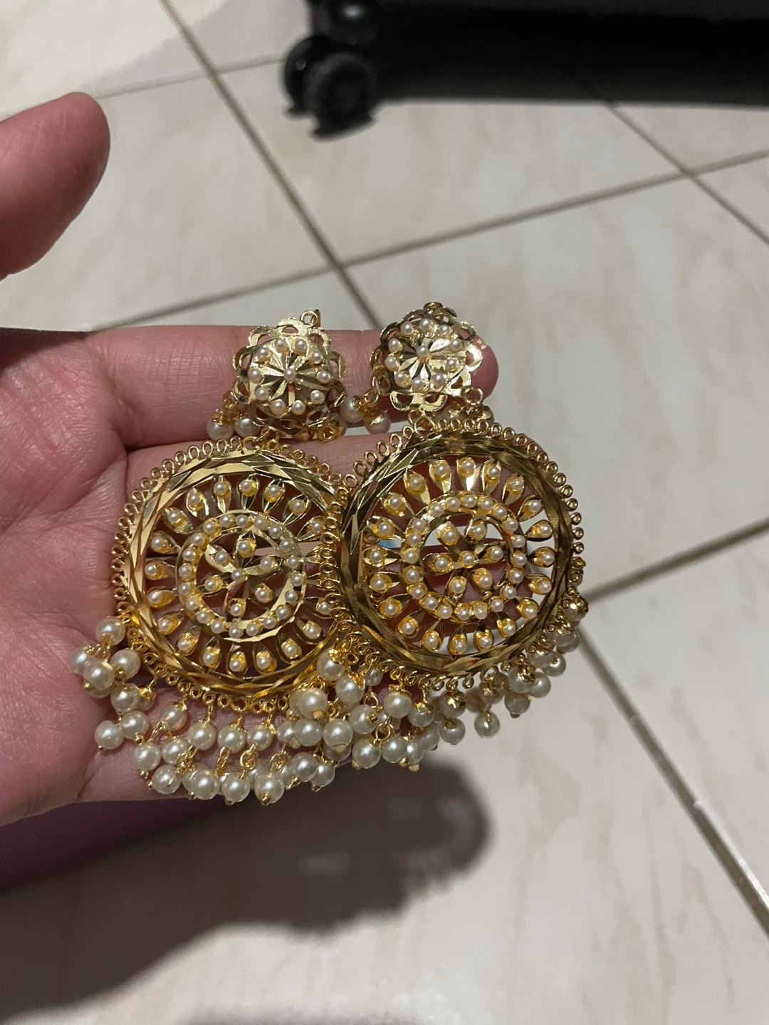 Gold Tone Pearl Dangle Earrings and Tikka Set
