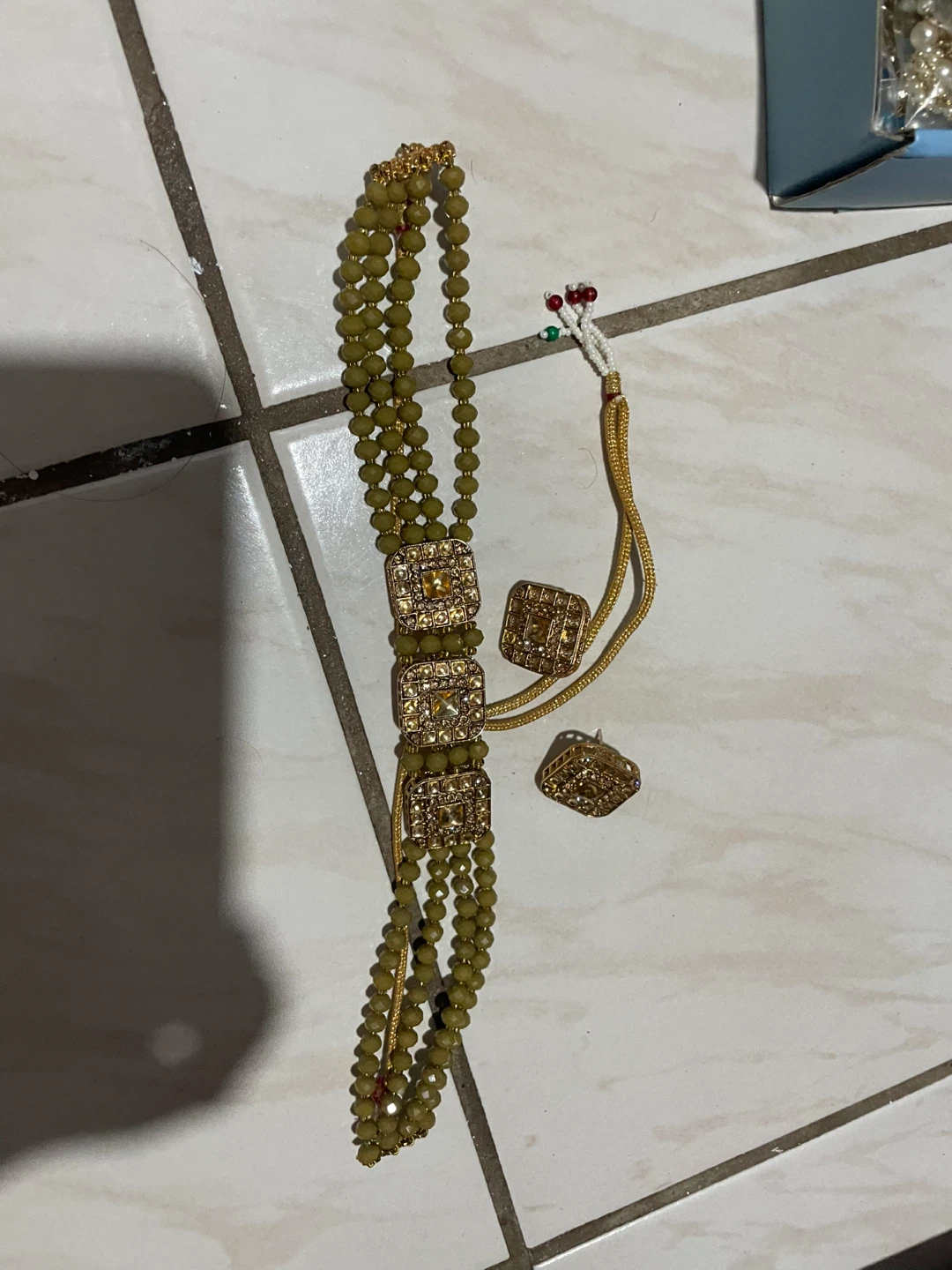 Gold Tone Choker Necklace and Earrings Set with Green Beads