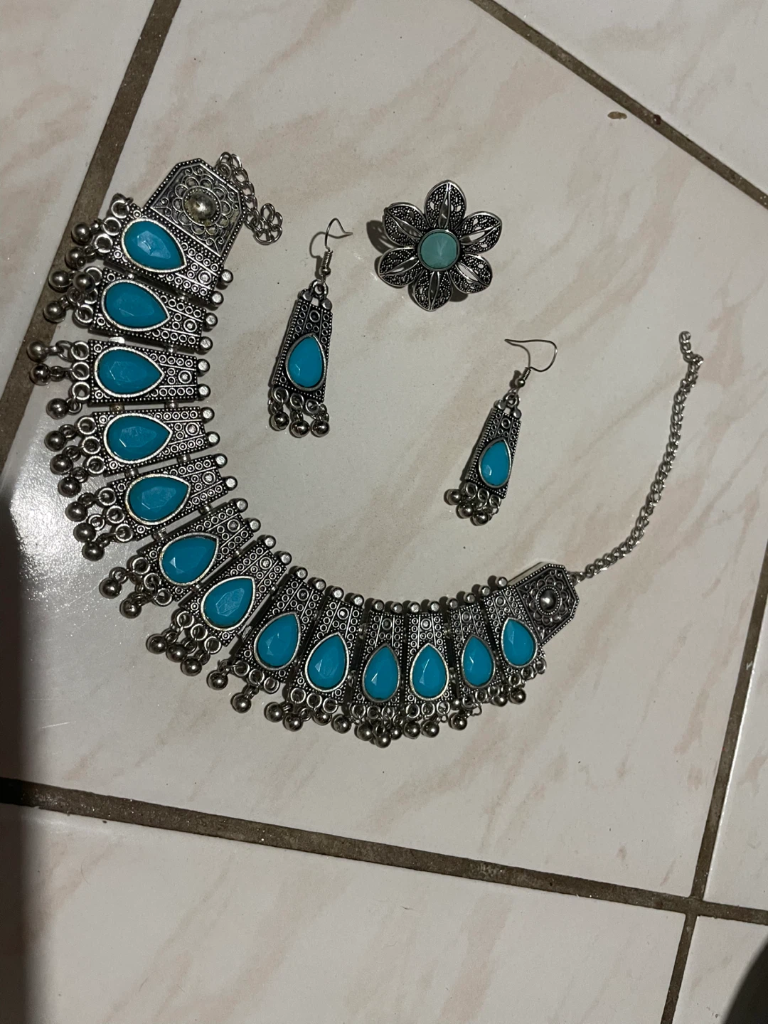 Turquoise Gemstone Choker Necklace, Earrings, and Ring Set
