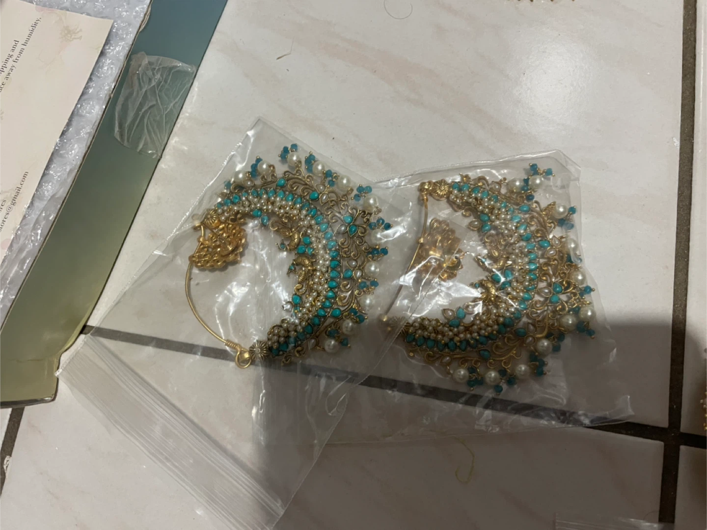 Gold-tone Teal and Pearl Statement Earrings - photo 3