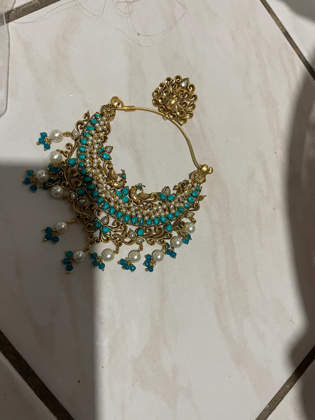 Gold-tone Teal and Pearl Statement Earrings