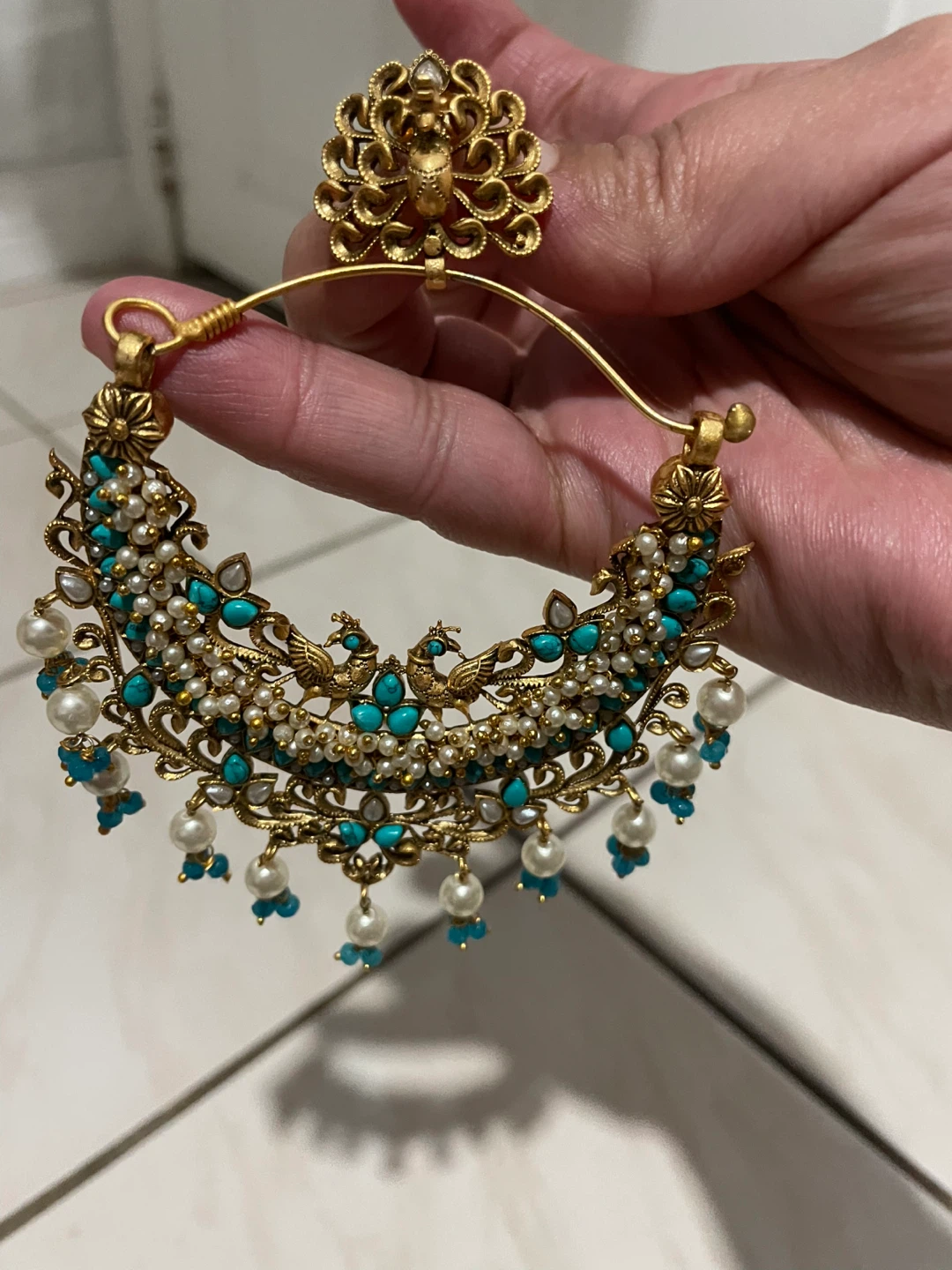 Gold-tone Teal and Pearl Statement Earrings - photo 2
