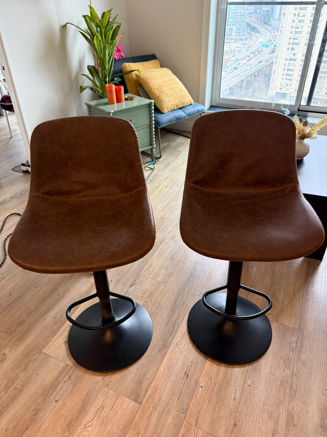 Brown Faux Leather Swivel Bar Stools (Set of 2)