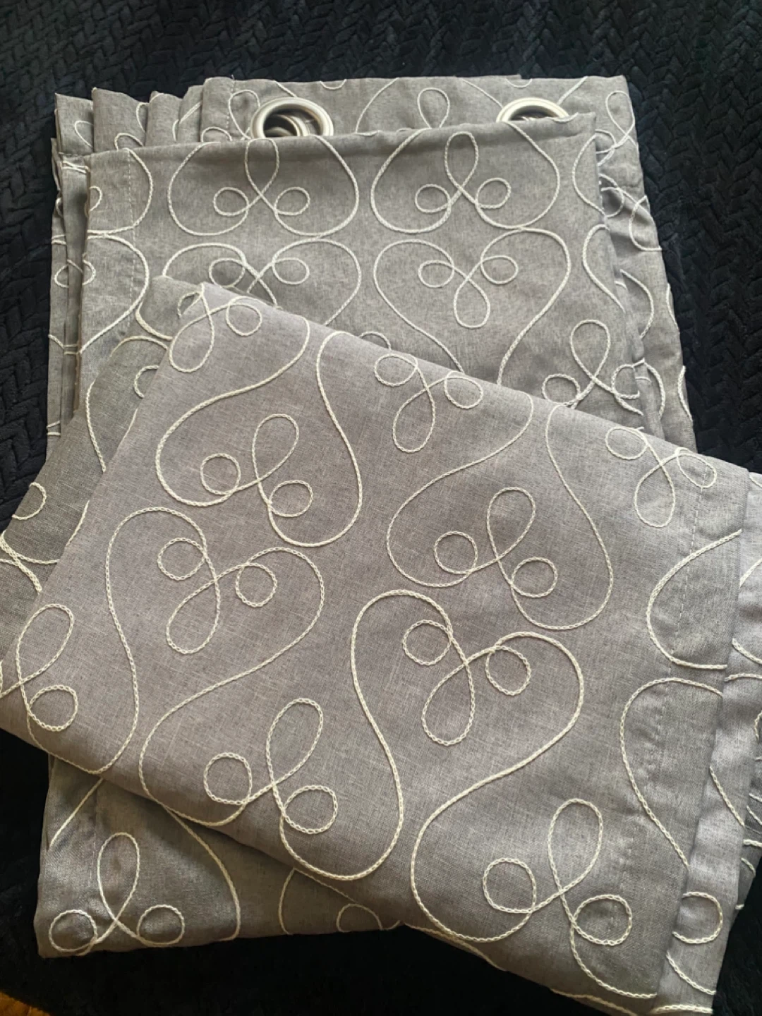 Grey Embroidered Curtains with Swirl Design