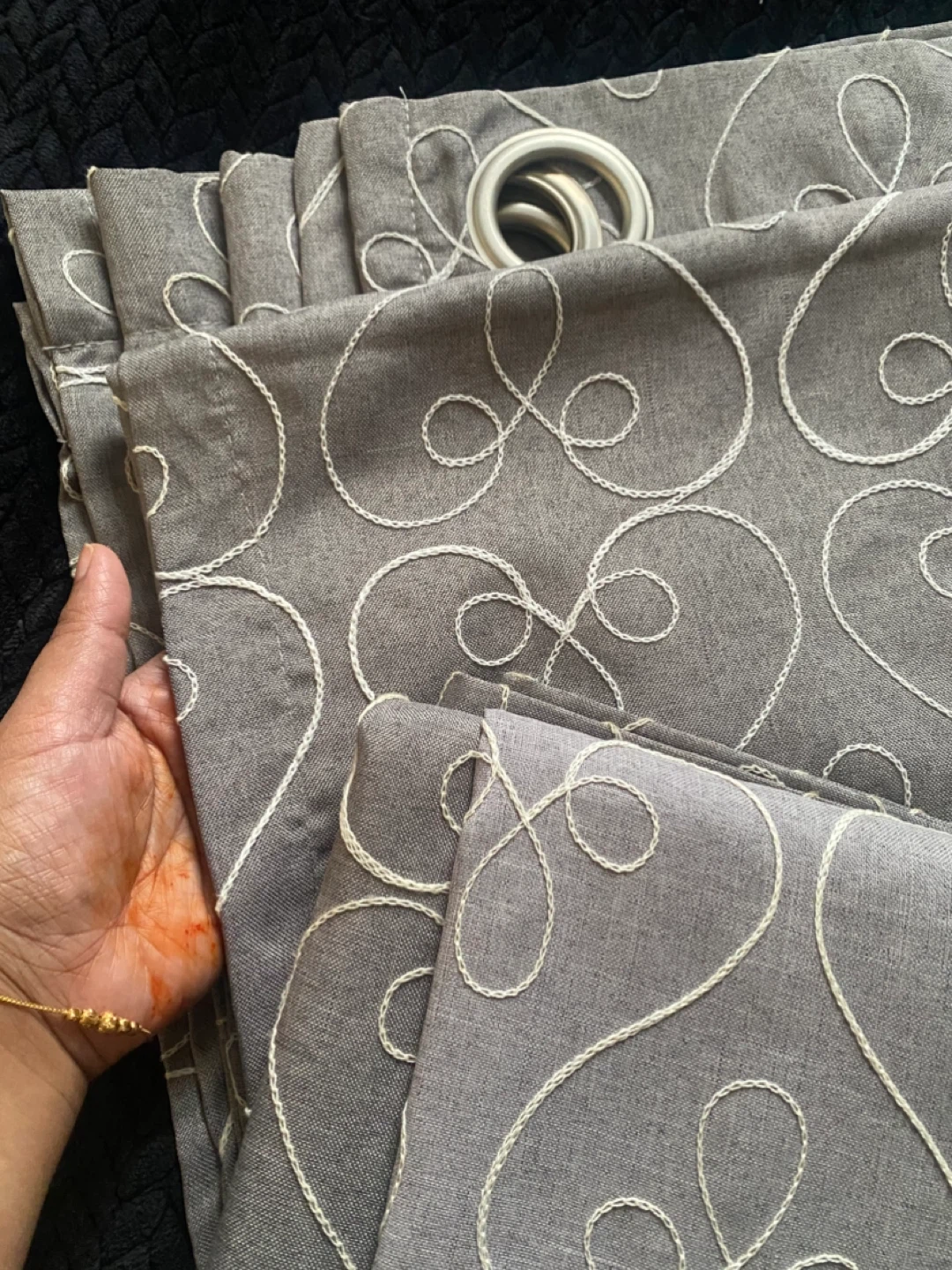 Grey Embroidered Curtains with Swirl Design - photo 3