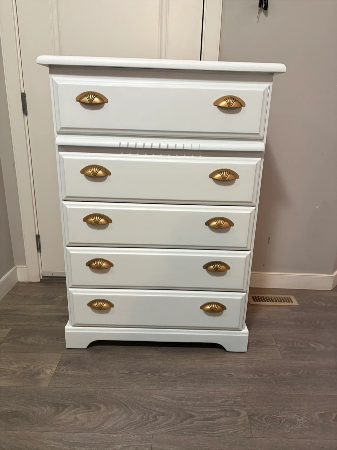 White 5-Drawer Dresser with Gold Hardware