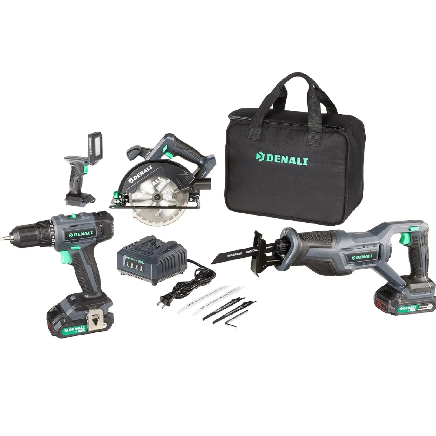 20V Cordless Drill, Reciprocating & Circular Saw, Work Light Wit