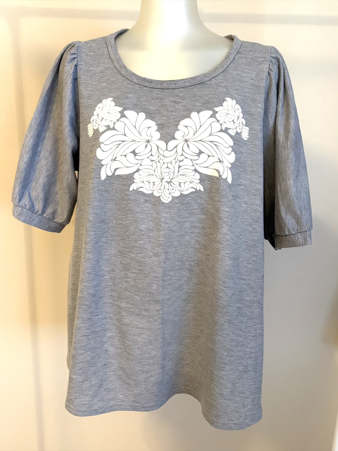 Grey Tunic with Puff Sleeves and White Floral Design
