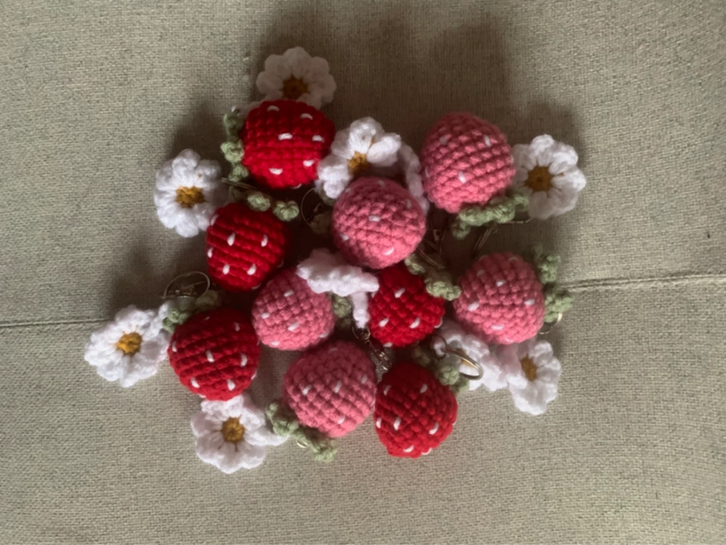 Handmade Crochet Strawberry and Daisy Keychains