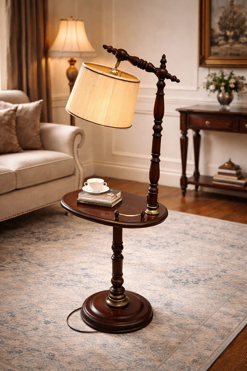 Vintage Wooden Floor Lamp with Accent Table