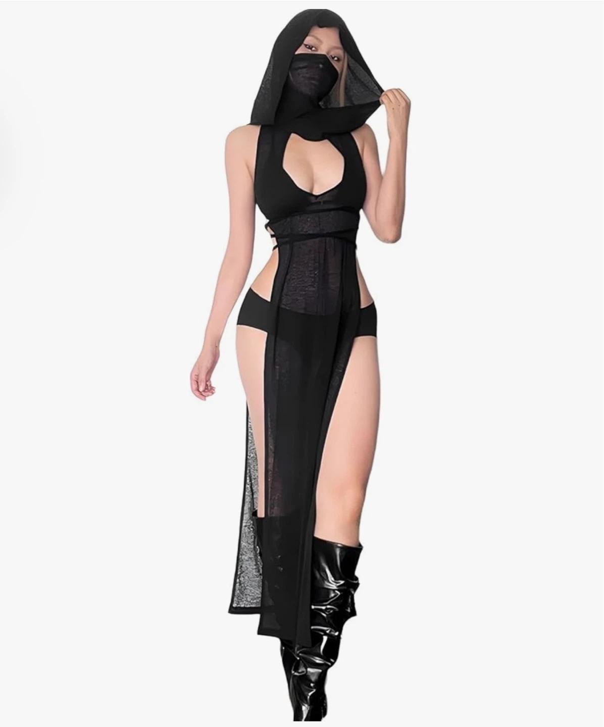 Sexy Hooded Sheer Slit Dress – Rave Festival Clubwear Black