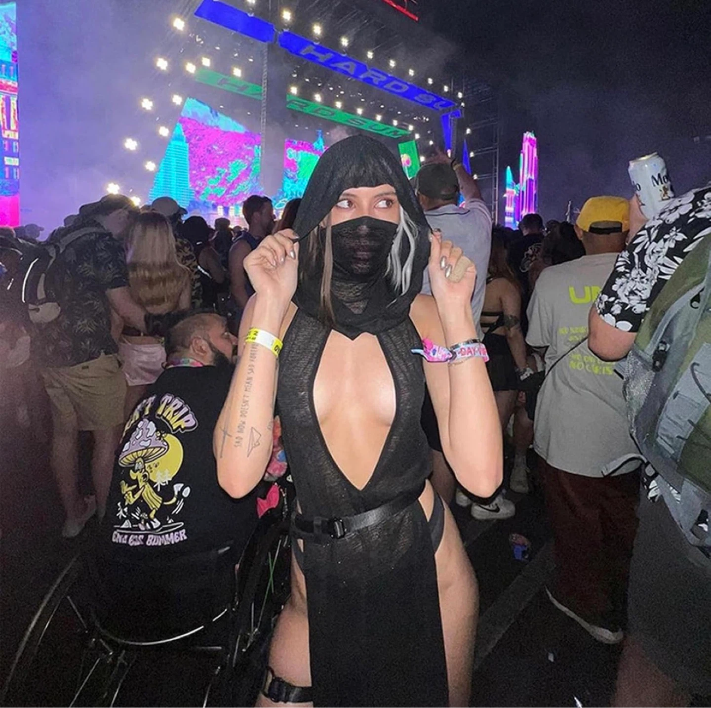 Sexy Hooded Sheer Slit Dress – Rave Festival Clubwear Black - photo 3