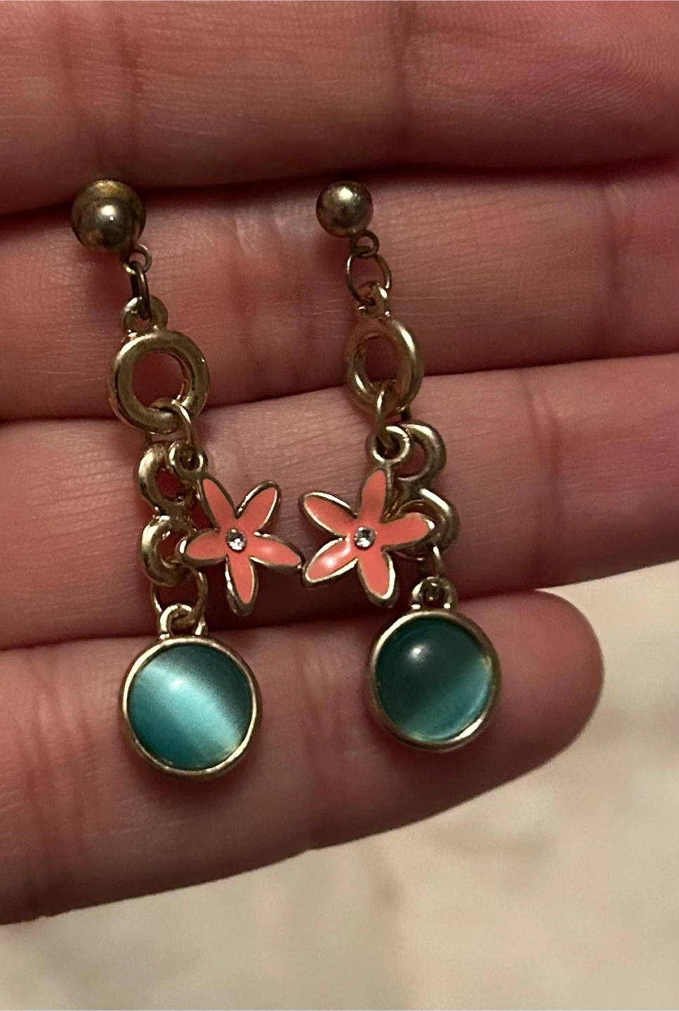 Dangle Earrings with Flower and Teal Stones