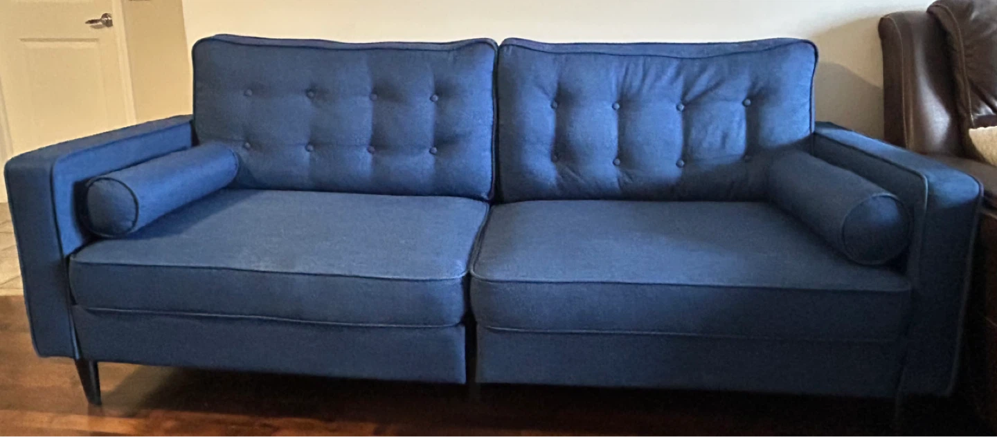 Blue Two-Seater Sofa with Bolster Pillows