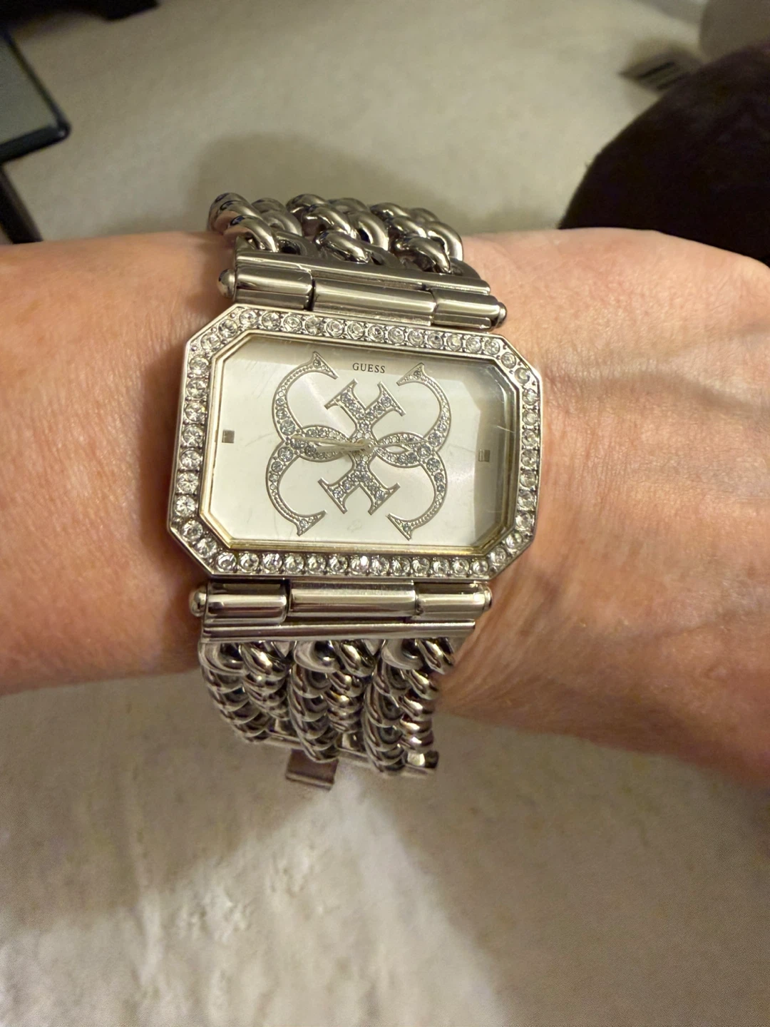 GUESS Women's Watch - Silver Tone Chain Link Crystal Accents