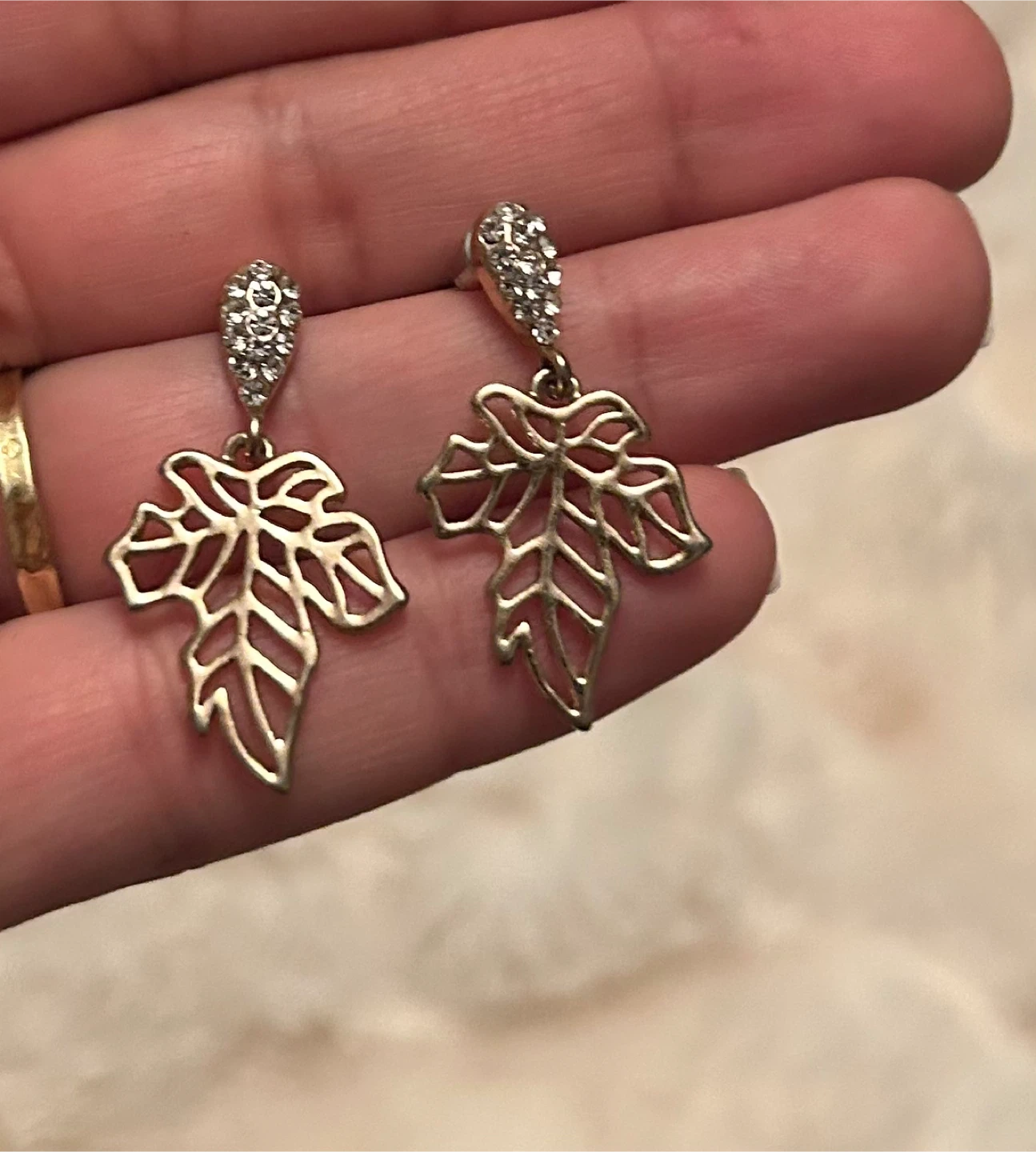 Gold Leaf Dangle Earrings with Rhinestones