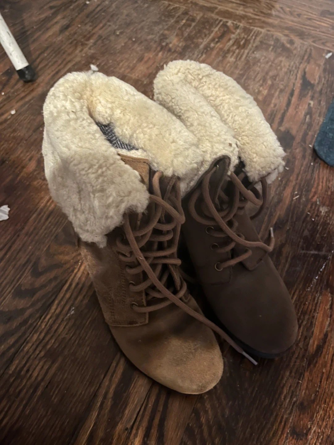 Ugg Brown Suede Wedge Boots with Shearling Trim