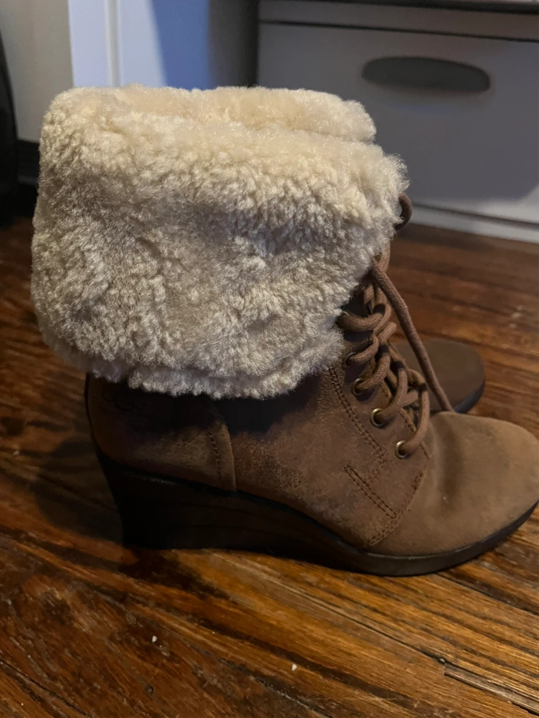 Ugg Brown Suede Wedge Boots with Shearling Trim - photo 2