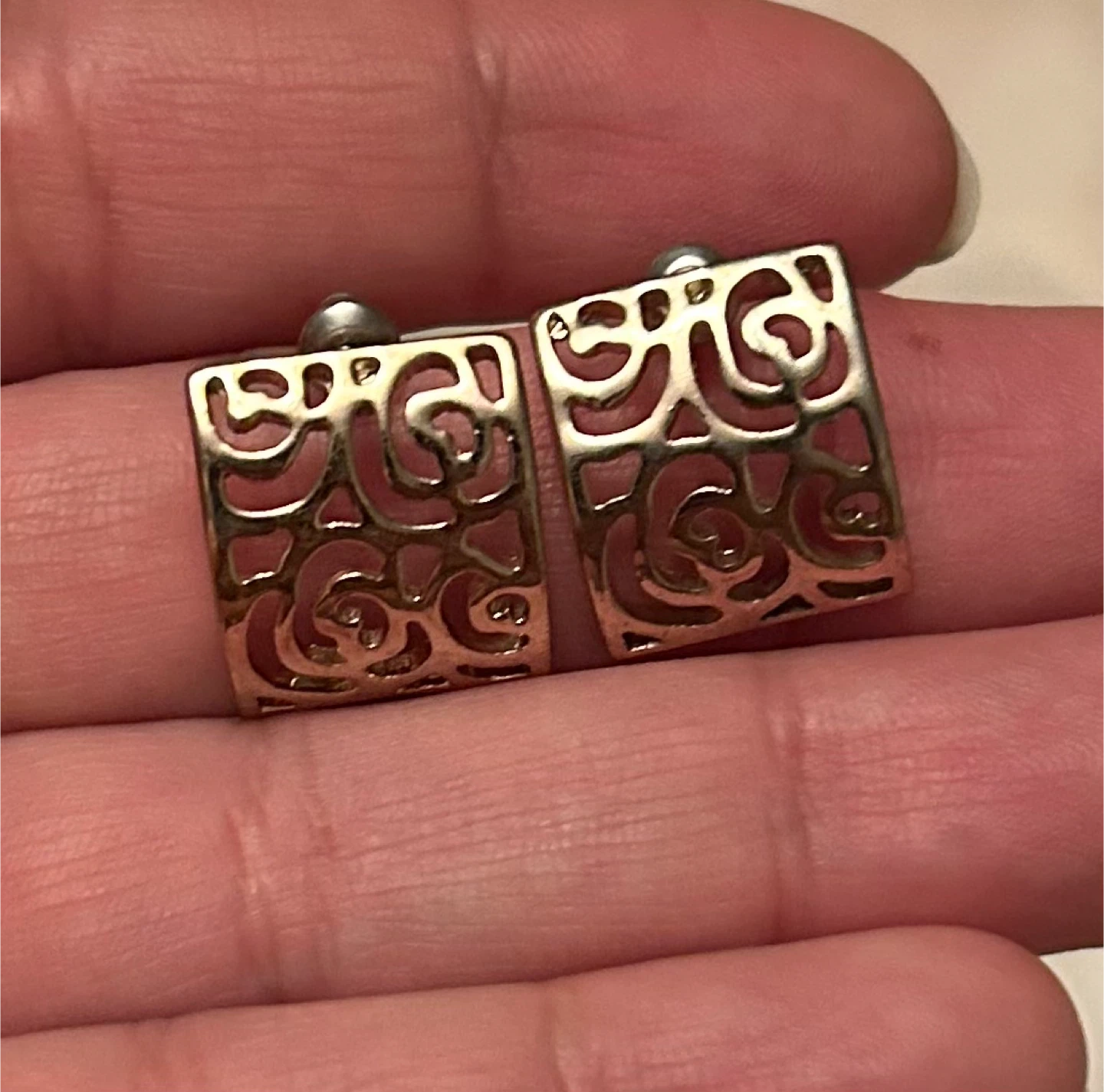 Gold Tone Square Filigree Rose Earrings